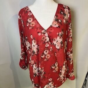 Kut from the Kloth Top Womens XL Red Floral Chiffon Long Sleeve Artsy Blouse
